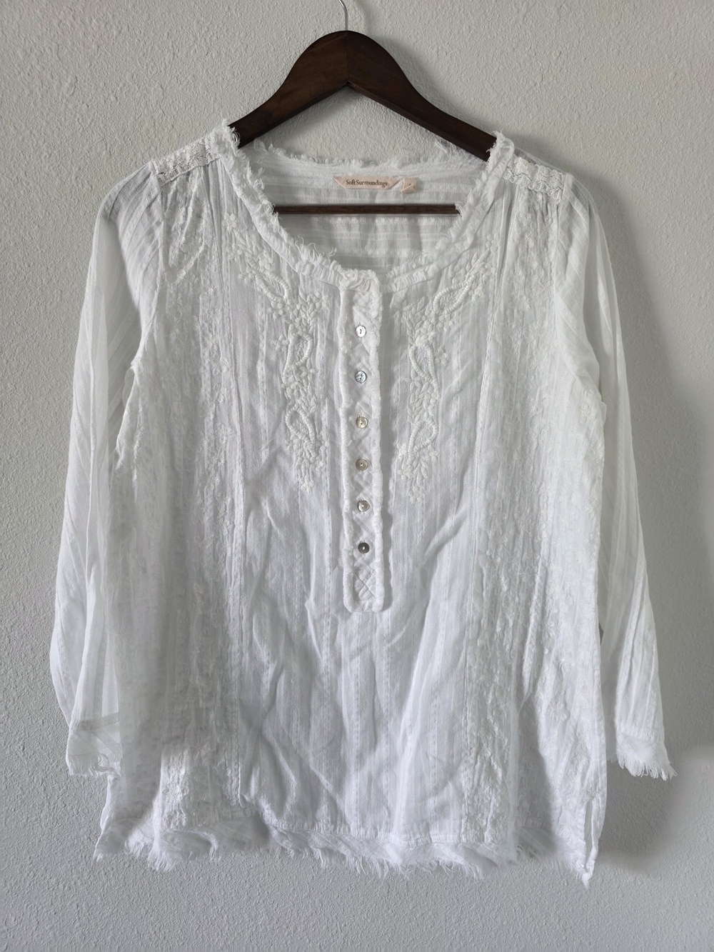 Soft Surroundings White Embroidered Peasant Blouse
